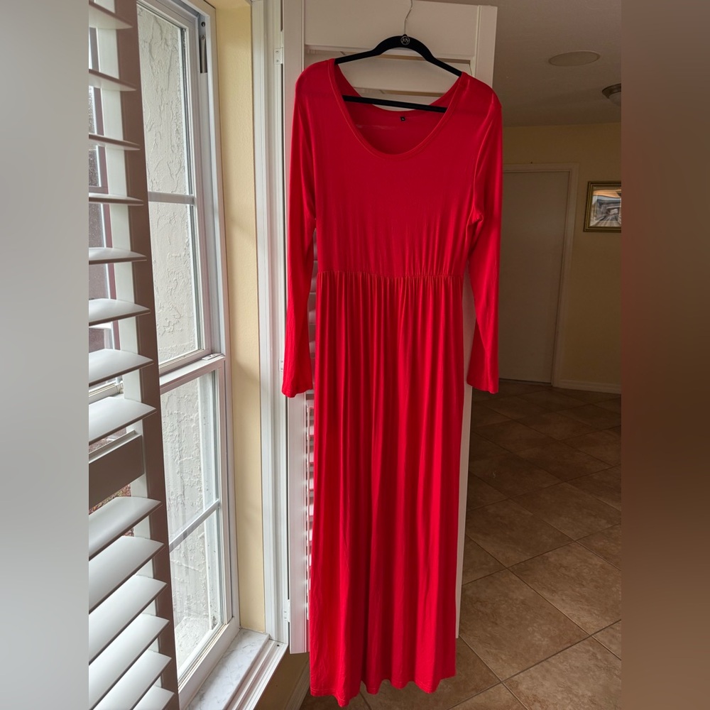 Comfortable Red Long Sleeve Maxi Dress lightweight. She has pockets too!